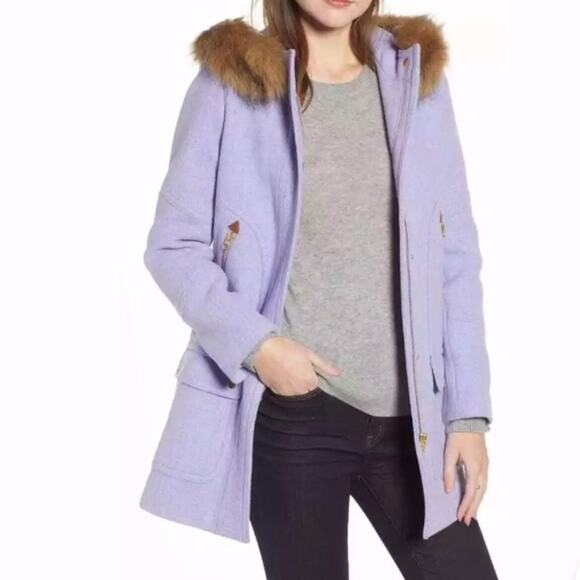 New J Crew Womens 00 Light Purple Chateau Stadium Cloth Parka Faux Fur Trim Wool - Picture 8 of 8